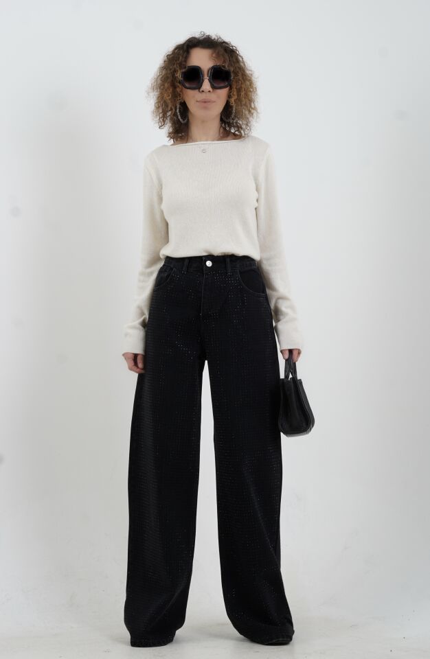 Ekru %100  Kaşmir Kayık Yaka Kazak