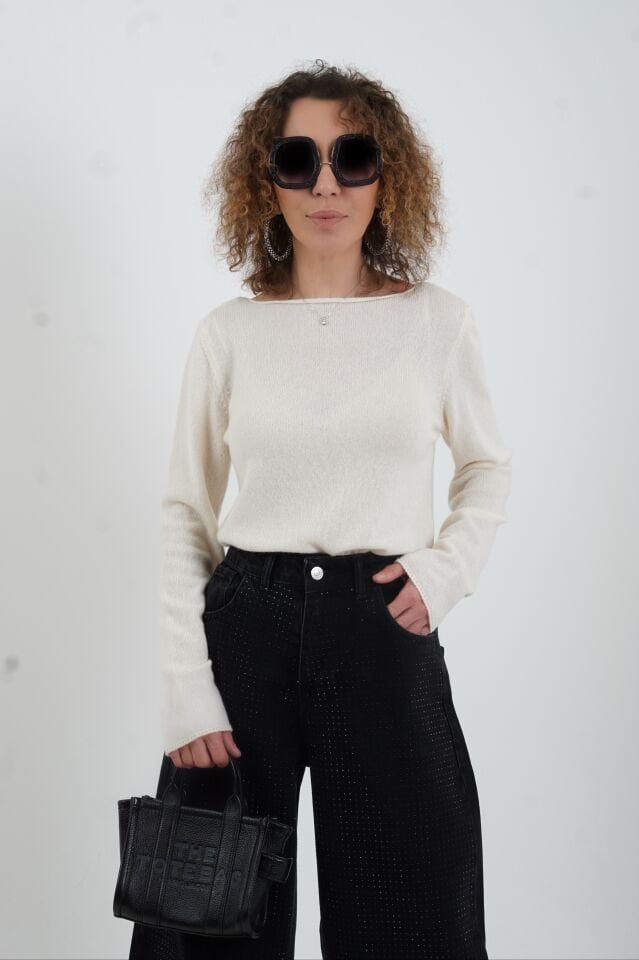 Ekru %100  Kaşmir Kayık Yaka Kazak