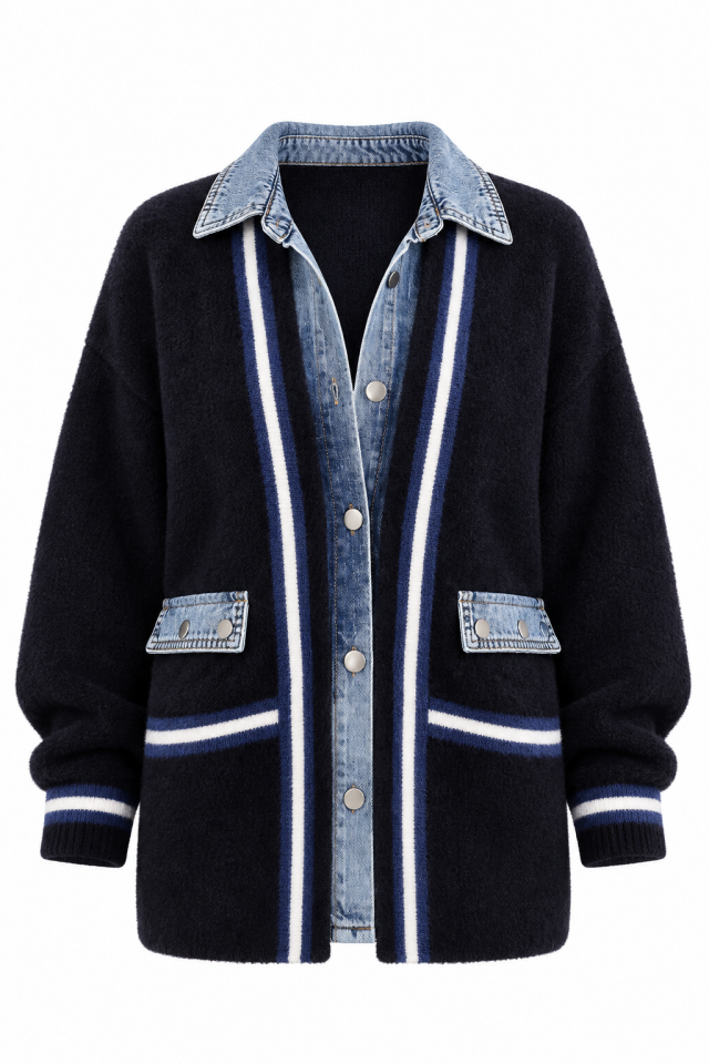 Siyah Denim Detaylı Yumoş Triko Ceket