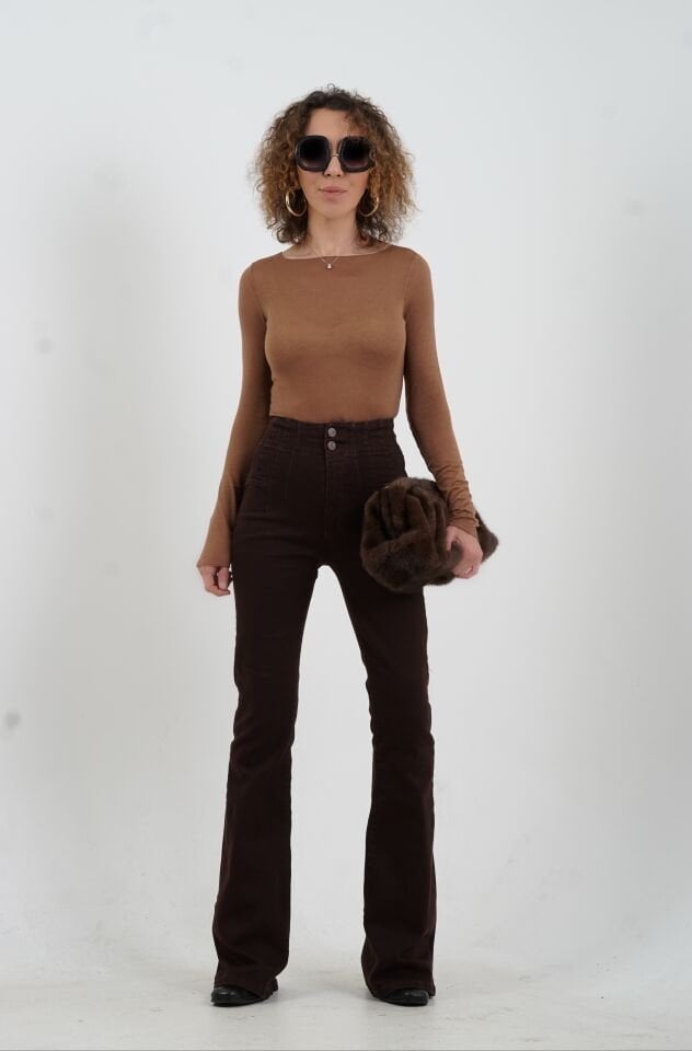 Koyu Vizon Kayık Yaka Modal Kaşmir Bluz