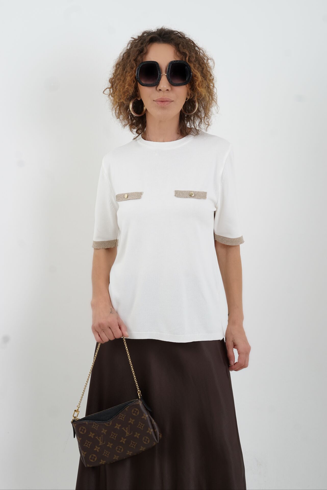 Ekru Simli Flato Cepli Kısa Kol Kazak