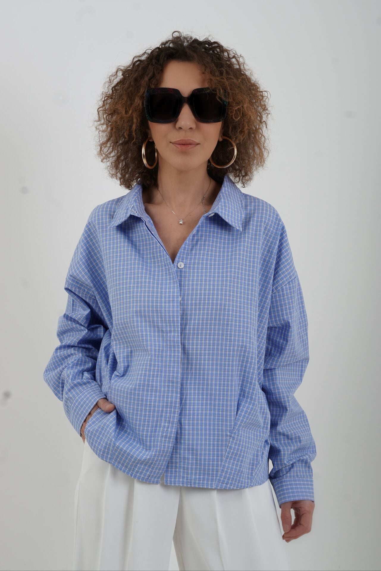 Mavi Kareli Oversize Kısa Gömlek