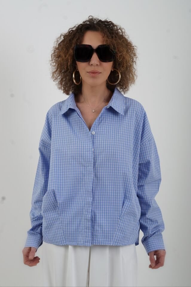 Mavi Kareli Oversize Kısa Gömlek