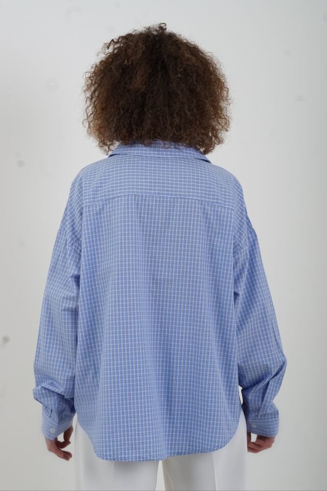 Mavi Kareli Oversize Kısa Gömlek