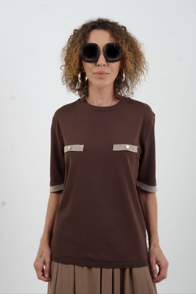 Kahve Simli Flato Cepli Kısa Kol Kazak