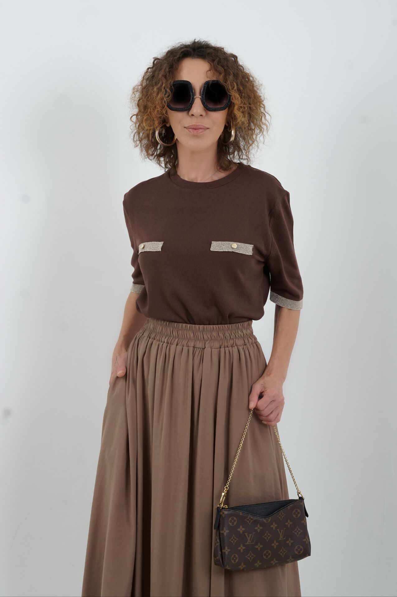 Kahve Simli Flato Cepli Kısa Kol Kazak