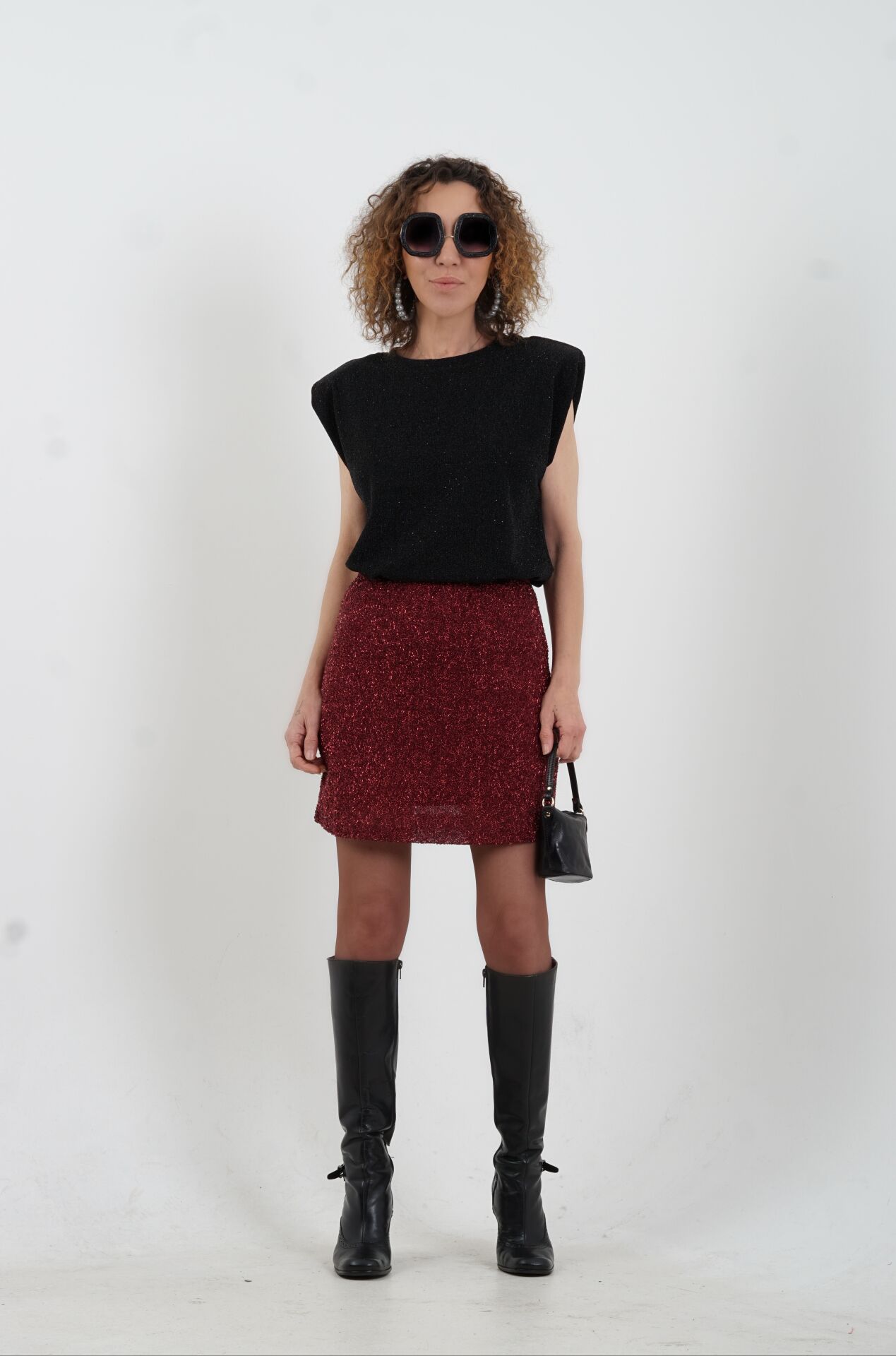 Bordo Minik Pul Payetli Astarlı Kısa Etek