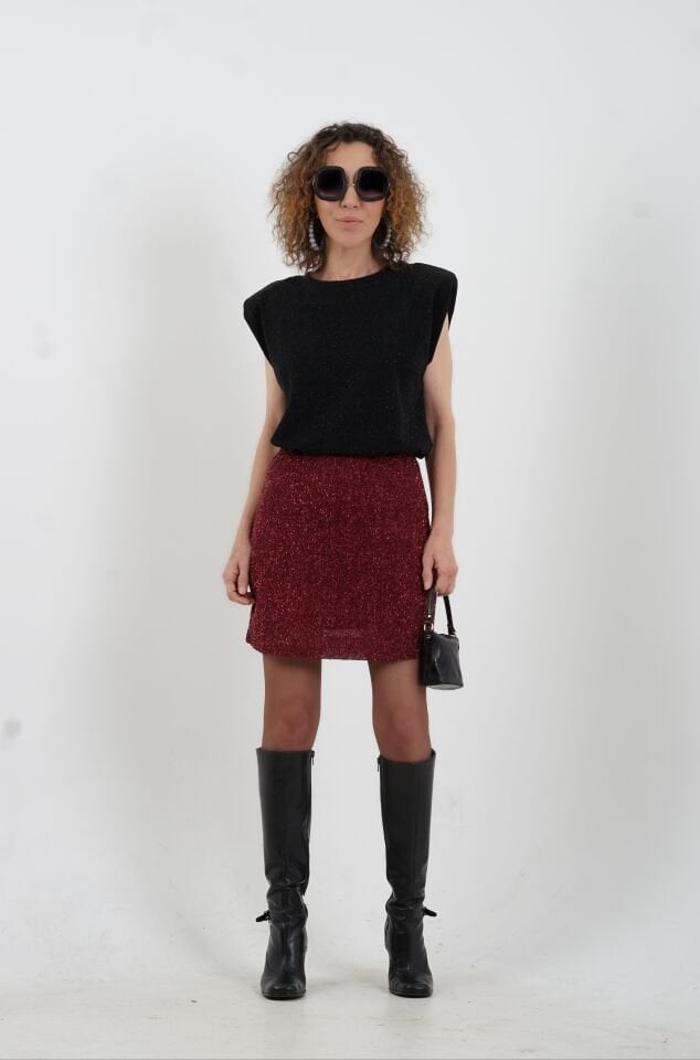 Bordo Minik Pul Payetli Astarlı Kısa Etek