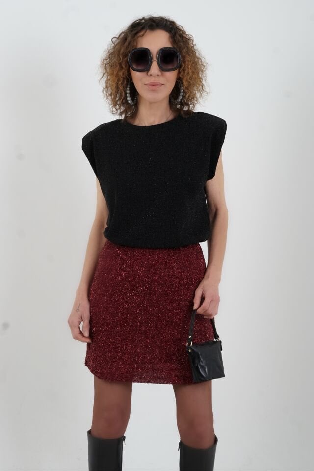 Bordo Minik Pul Payetli Astarlı Kısa Etek