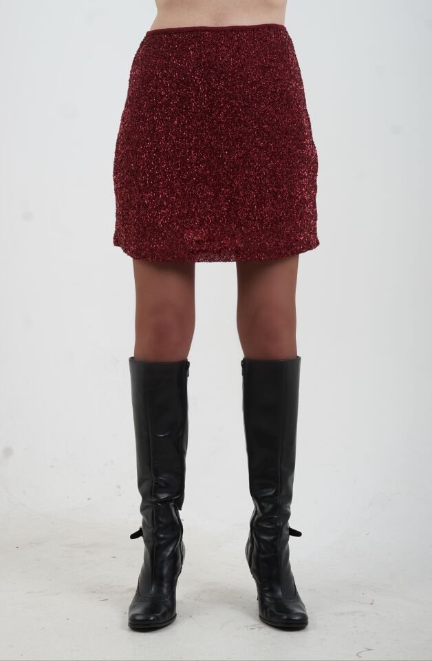 Bordo Minik Pul Payetli Astarlı Kısa Etek