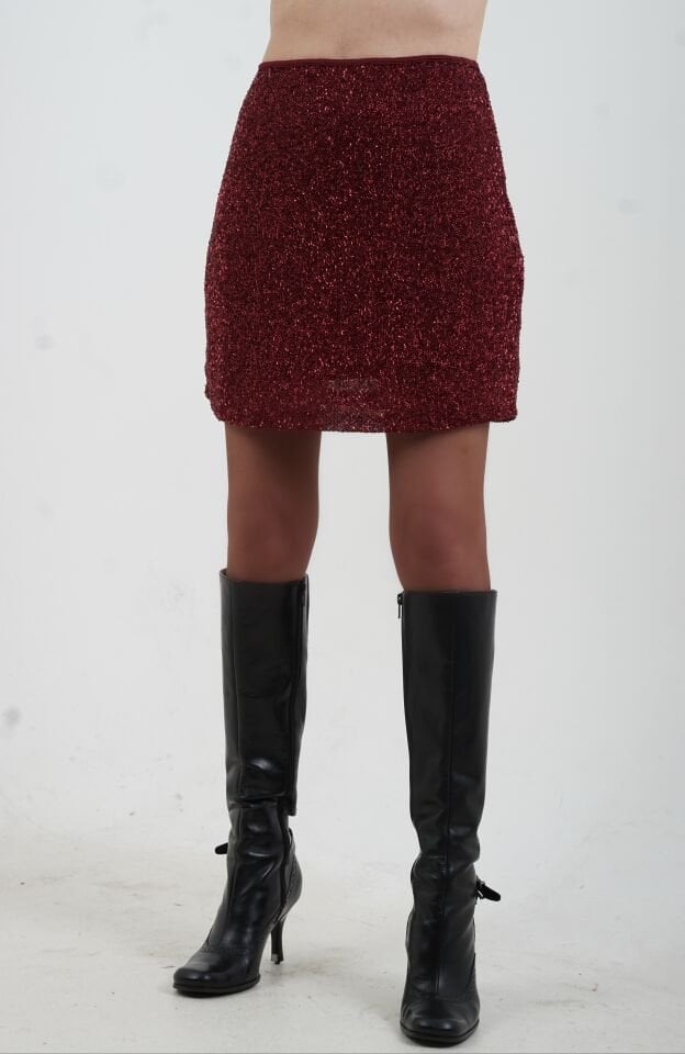 Bordo Minik Pul Payetli Astarlı Kısa Etek