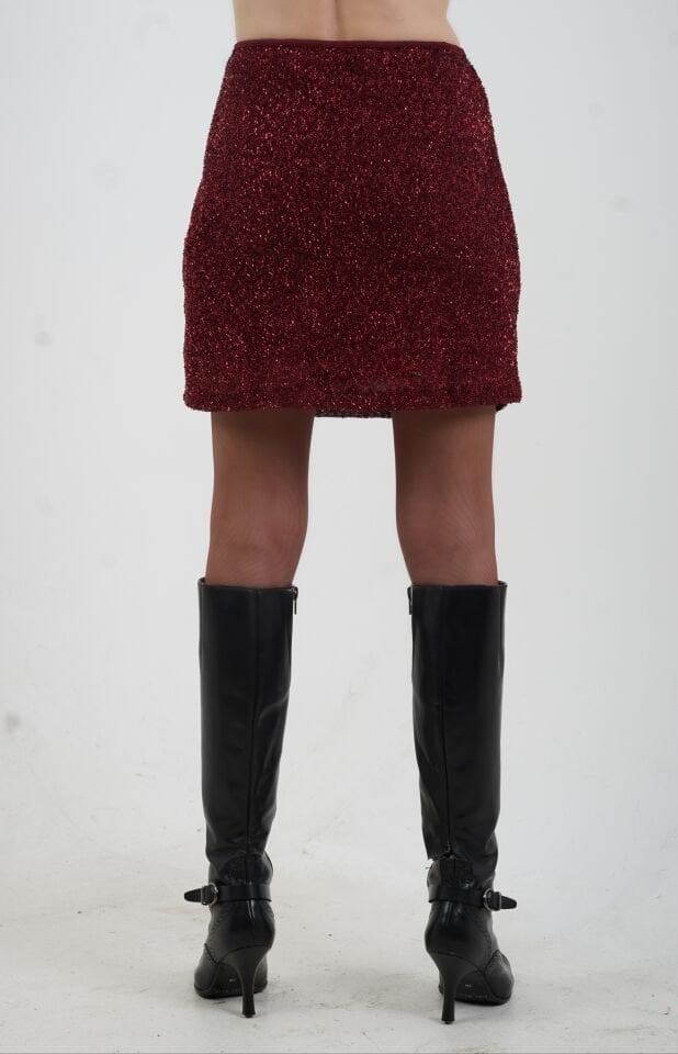 Bordo Minik Pul Payetli Astarlı Kısa Etek