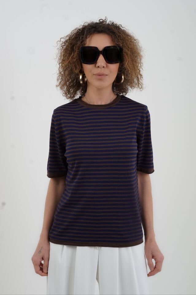 Kahve Lacivert Bisiklet Yaka İnce Çizgili Kısa Kol Kazak