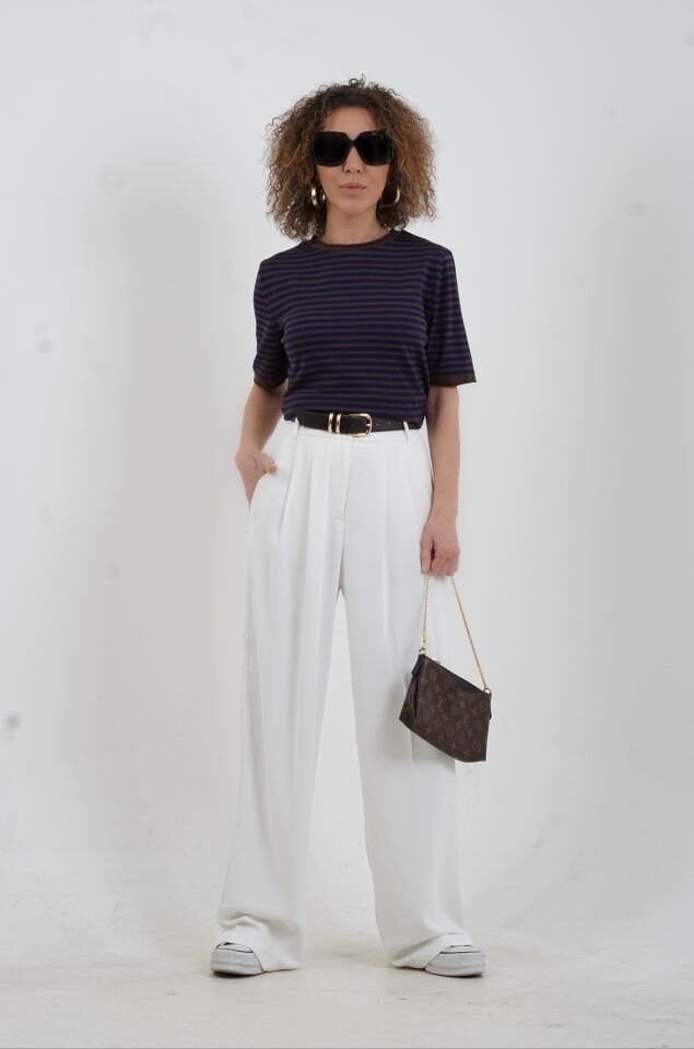 Kahve Lacivert Bisiklet Yaka İnce Çizgili Kısa Kol Kazak