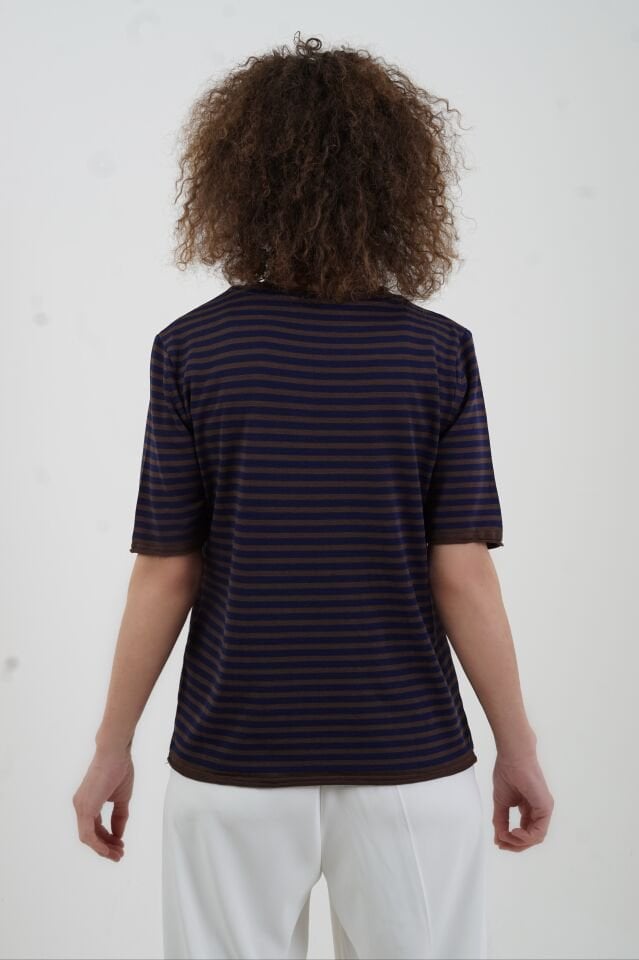 Kahve Lacivert Bisiklet Yaka İnce Çizgili Kısa Kol Kazak