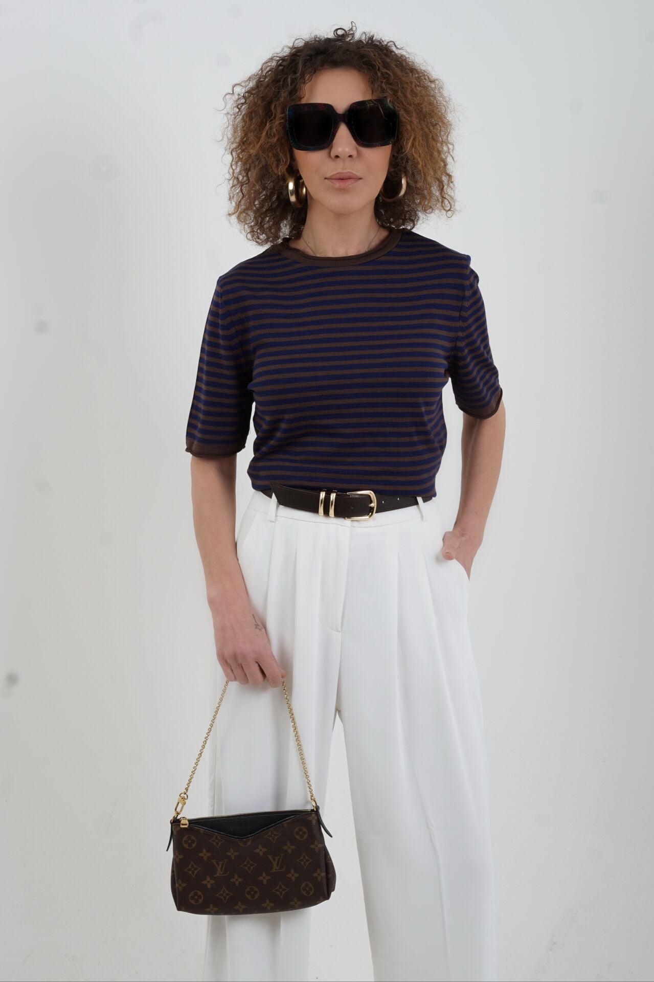 Kahve Lacivert Bisiklet Yaka İnce Çizgili Kısa Kol Kazak