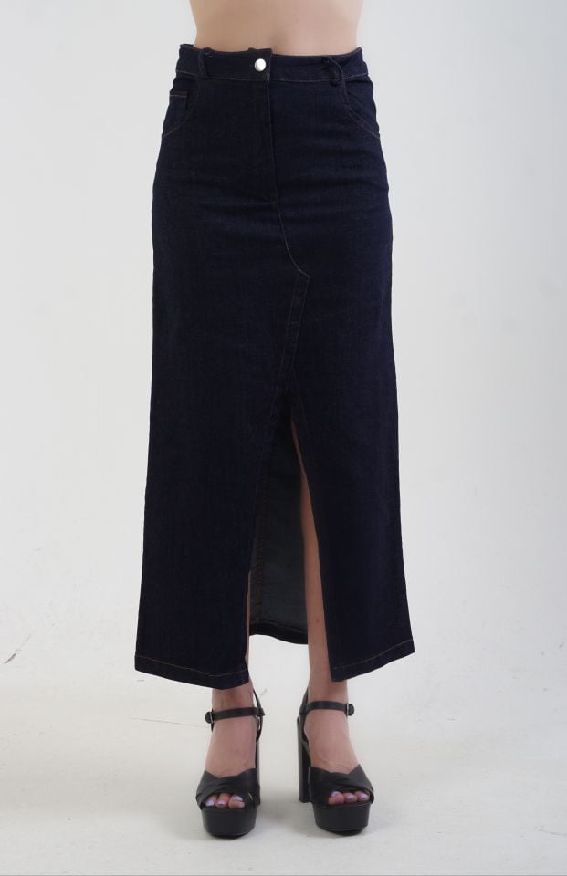 Lacivert Yırtmaçlı Denim Etek