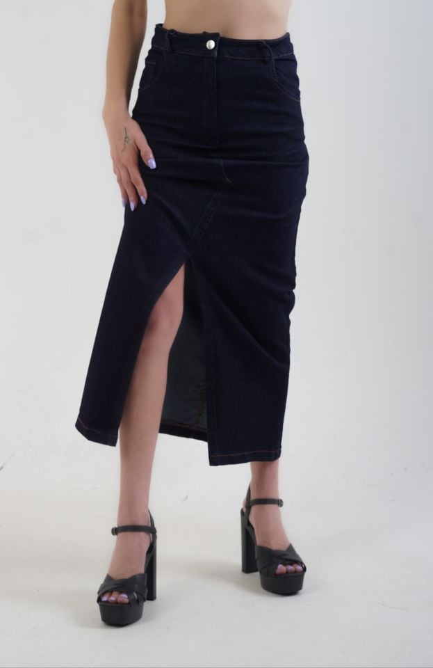 Lacivert Yırtmaçlı Denim Etek