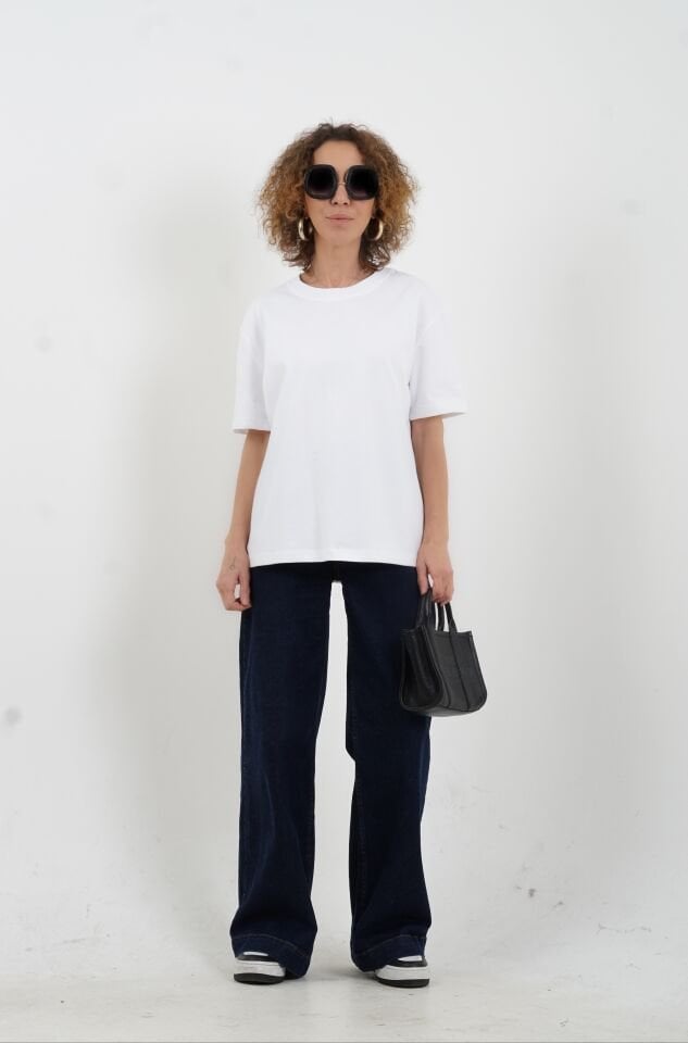 Beyaz Özel  Dikişli  Bisiklet Yaka Tshirt