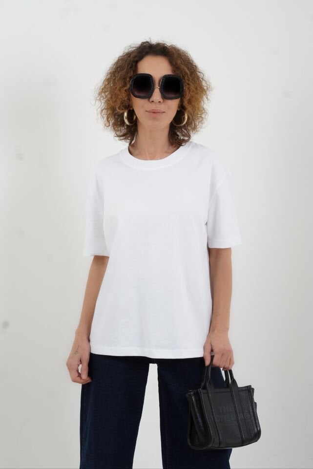 Beyaz Özel  Dikişli  Bisiklet Yaka Tshirt