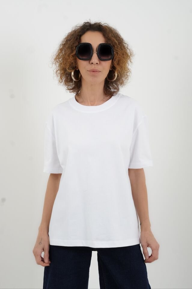 Beyaz Özel  Dikişli  Bisiklet Yaka Tshirt
