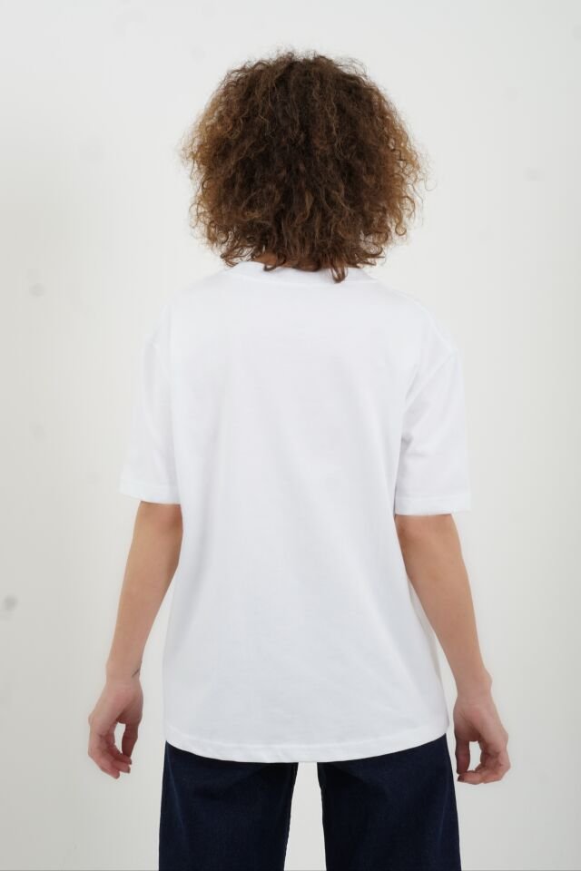 Beyaz Özel  Dikişli  Bisiklet Yaka Tshirt