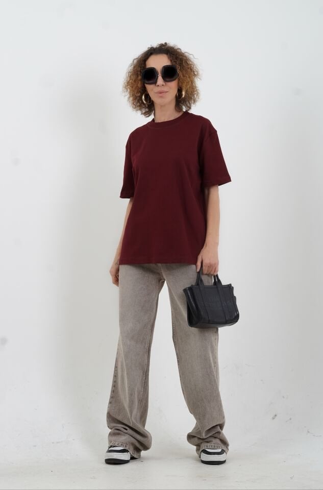 Bordo Özel  Dikişli  Bisiklet Yaka Tshirt