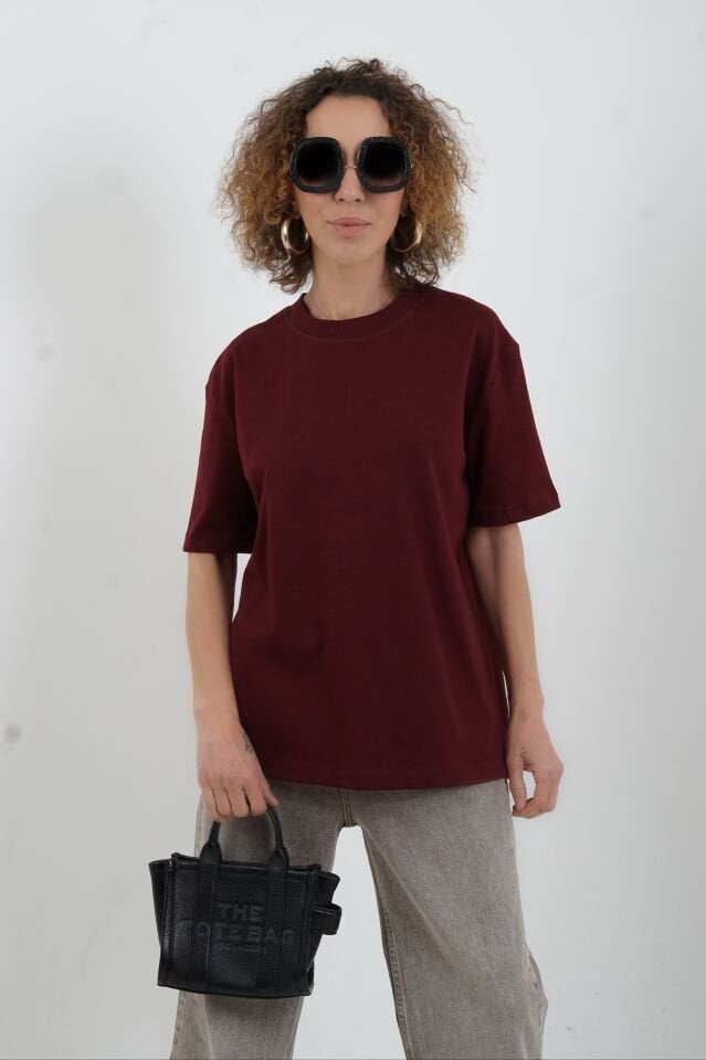 Bordo Özel  Dikişli  Bisiklet Yaka Tshirt