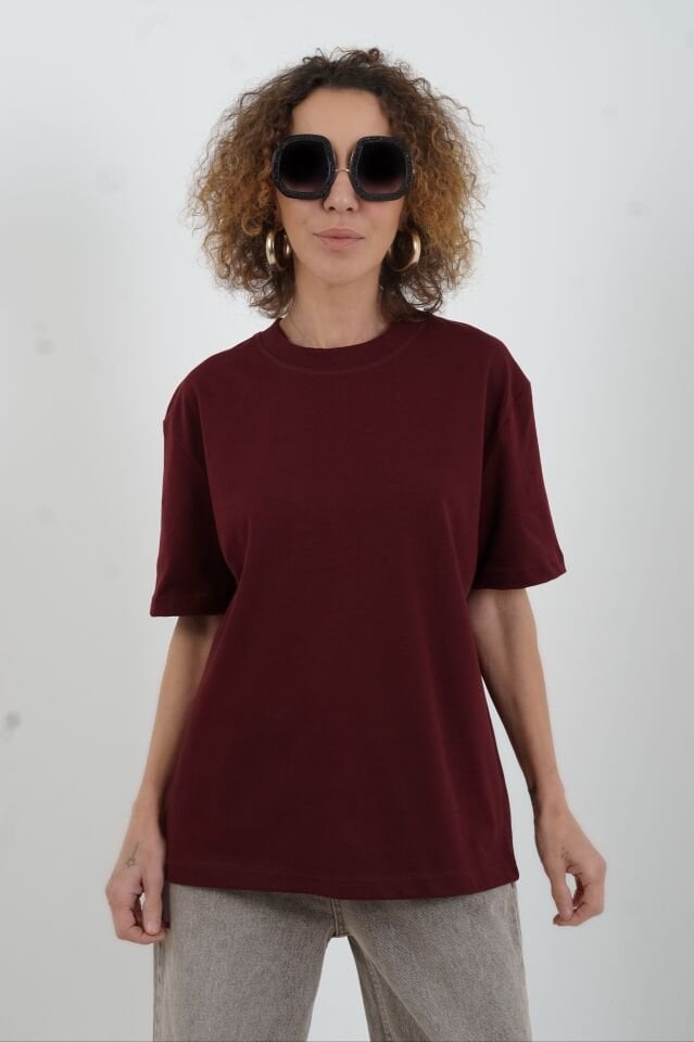 Bordo Özel  Dikişli  Bisiklet Yaka Tshirt