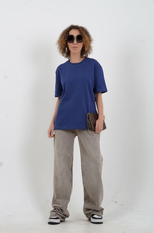 İndigo Özel  Dikişli  Bisiklet Yaka Tshirt