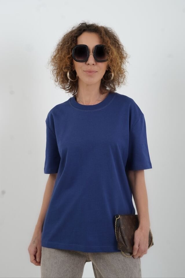 İndigo Özel  Dikişli  Bisiklet Yaka Tshirt