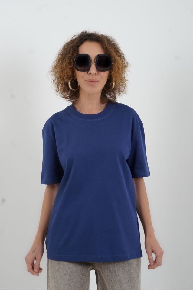 İndigo Özel  Dikişli  Bisiklet Yaka Tshirt