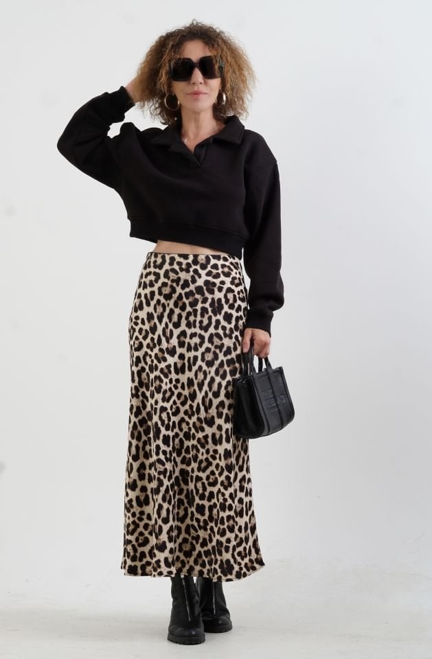 Siyah Polo Yaka Crop Sweat