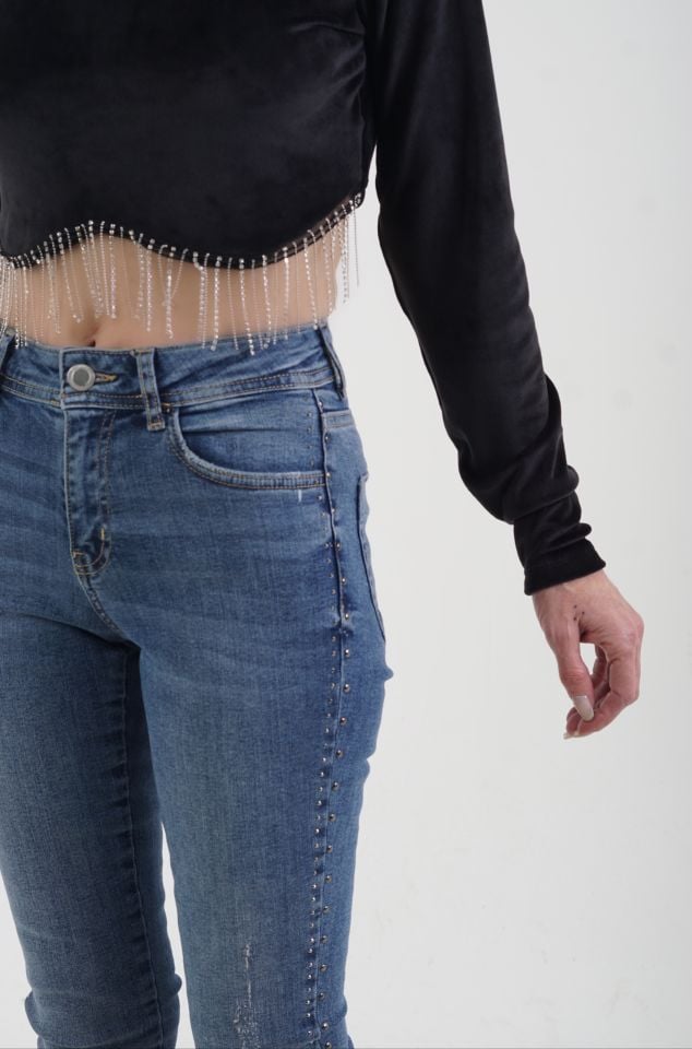 Fransız Kadife Eteği Zincirli Crop Bluz