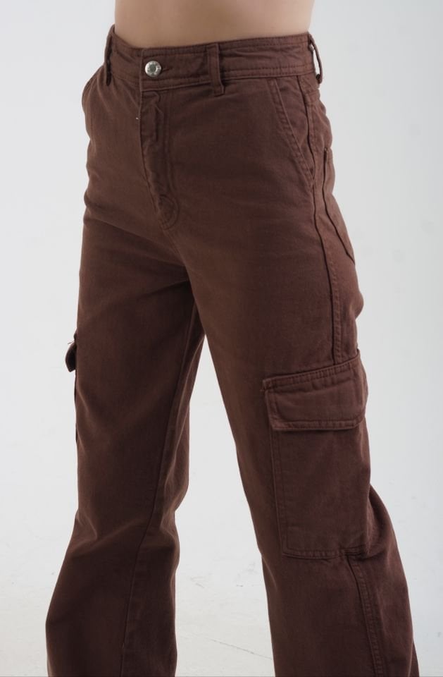 Kahverengi Kargo Cepli Jean Palazzo Pantolon