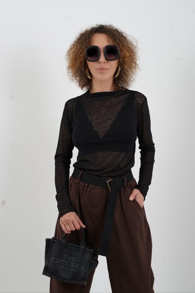 Siyah Transparan Uzun Kollu Bluz