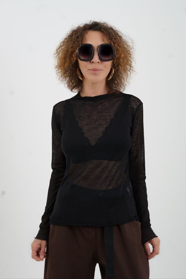 Siyah Transparan Uzun Kollu Bluz