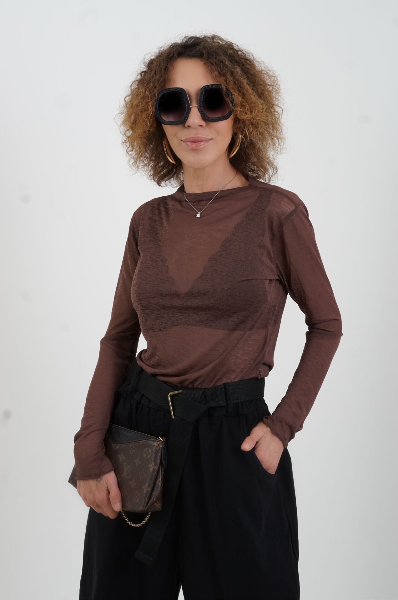 Kahve Transparan Uzun Kollu Bluz