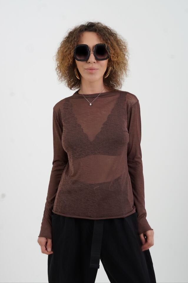 Kahve Transparan Uzun Kollu Bluz