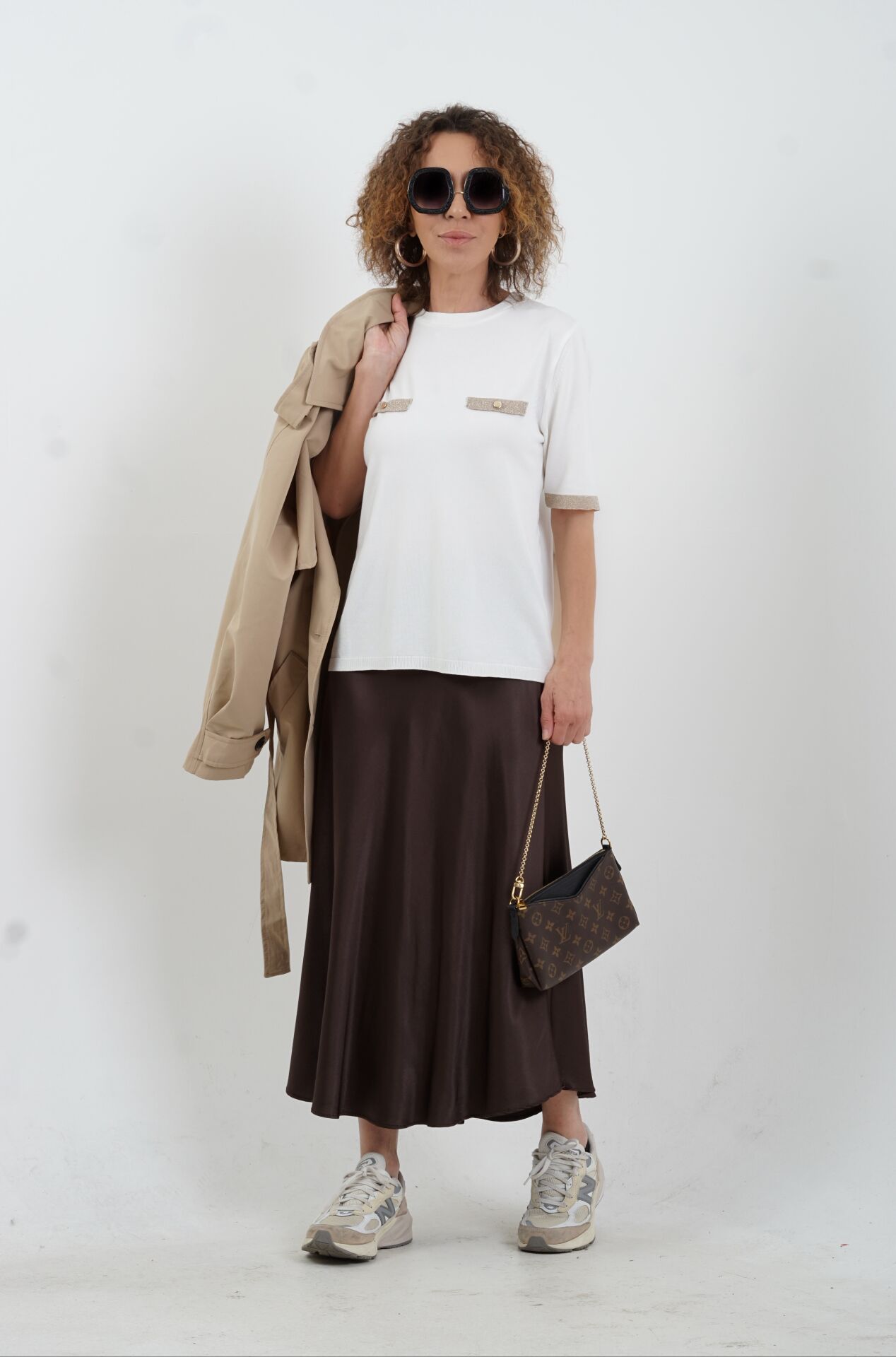 Kahverengi A Line Saten Etek