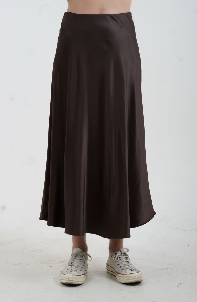 Kahverengi A Line Saten Etek