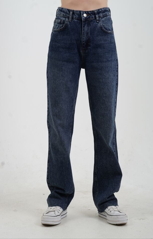 Koyu Mavi Yıkamalı Straight Denim Pantolon
