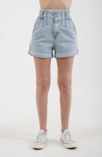 Mavi Beli Lastikli Nervürlü Denim Şort