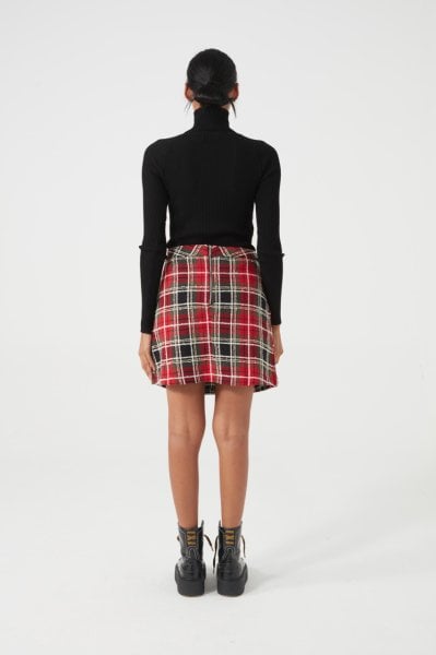 Önü Düğmeli Ekoseli Mini Etek