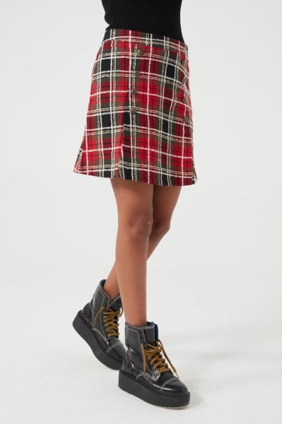 Önü Düğmeli Ekoseli Mini Etek