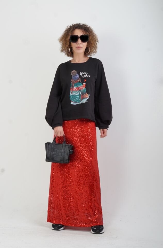 Siyah  Warm Wishes Baskılı New Year Sweatshirt