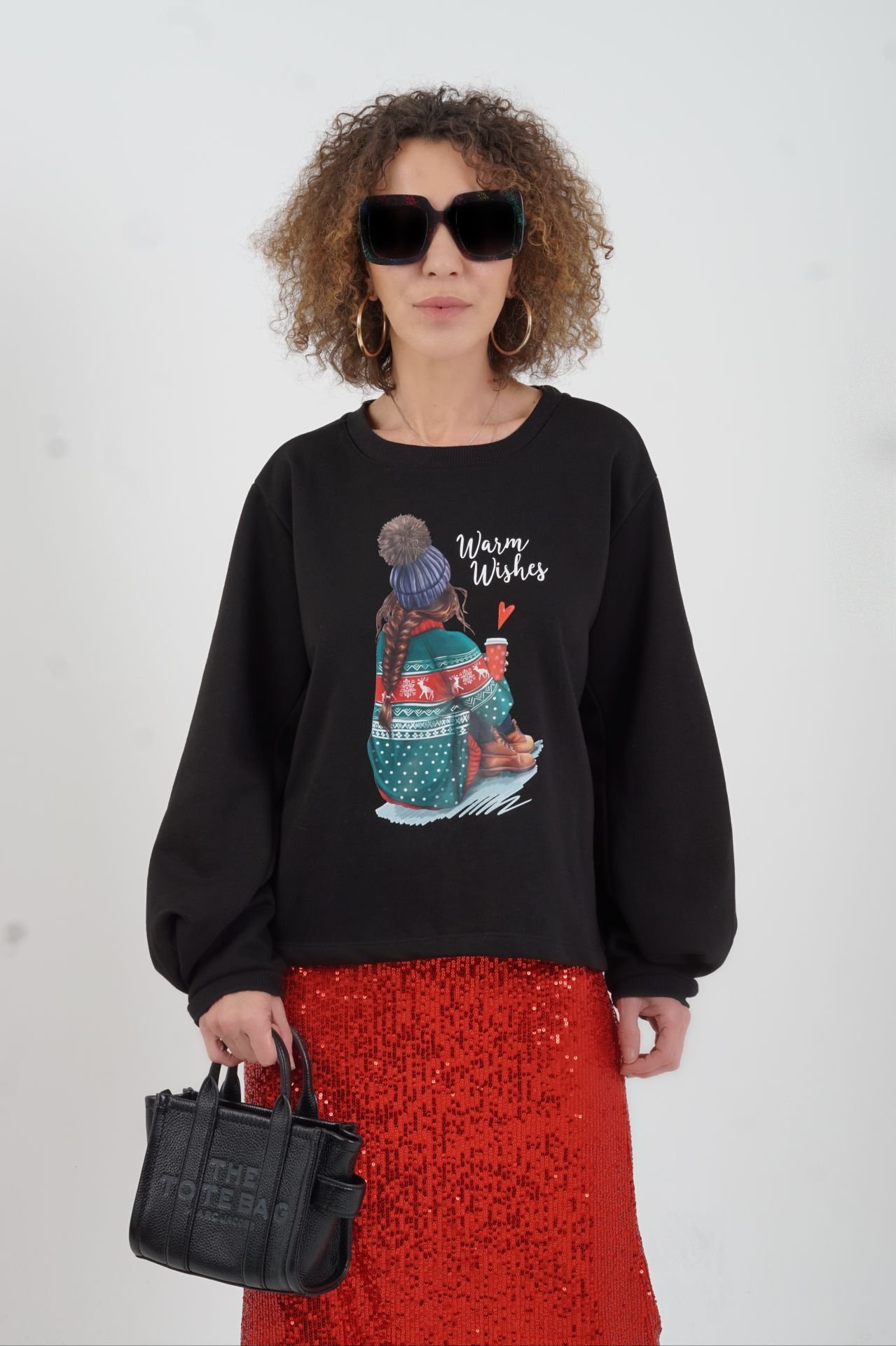 Siyah  Warm Wishes Baskılı New Year Sweatshirt