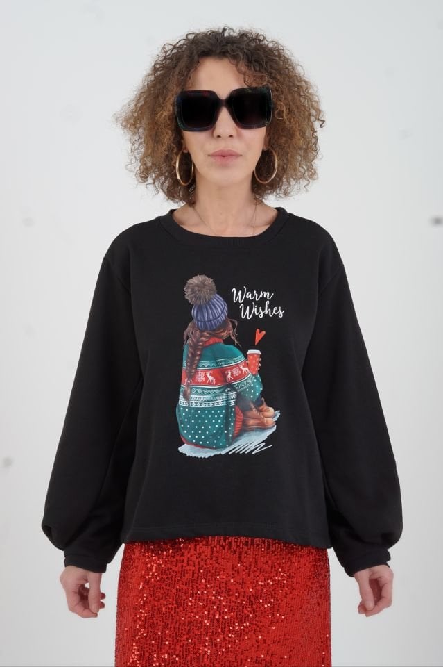 Siyah  Warm Wishes Baskılı New Year Sweatshirt