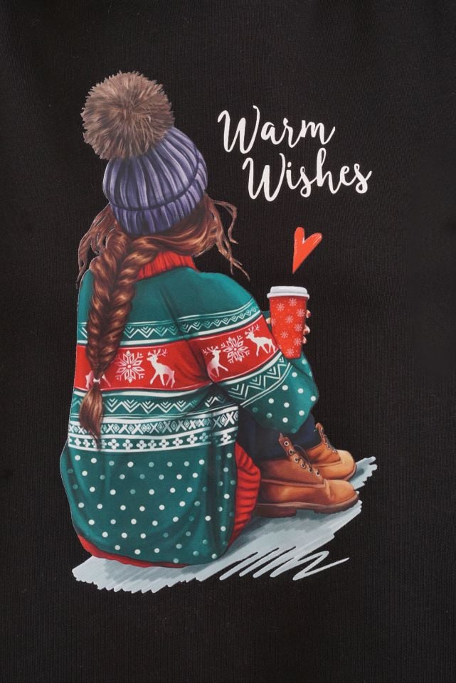 Siyah  Warm Wishes Baskılı New Year Sweatshirt