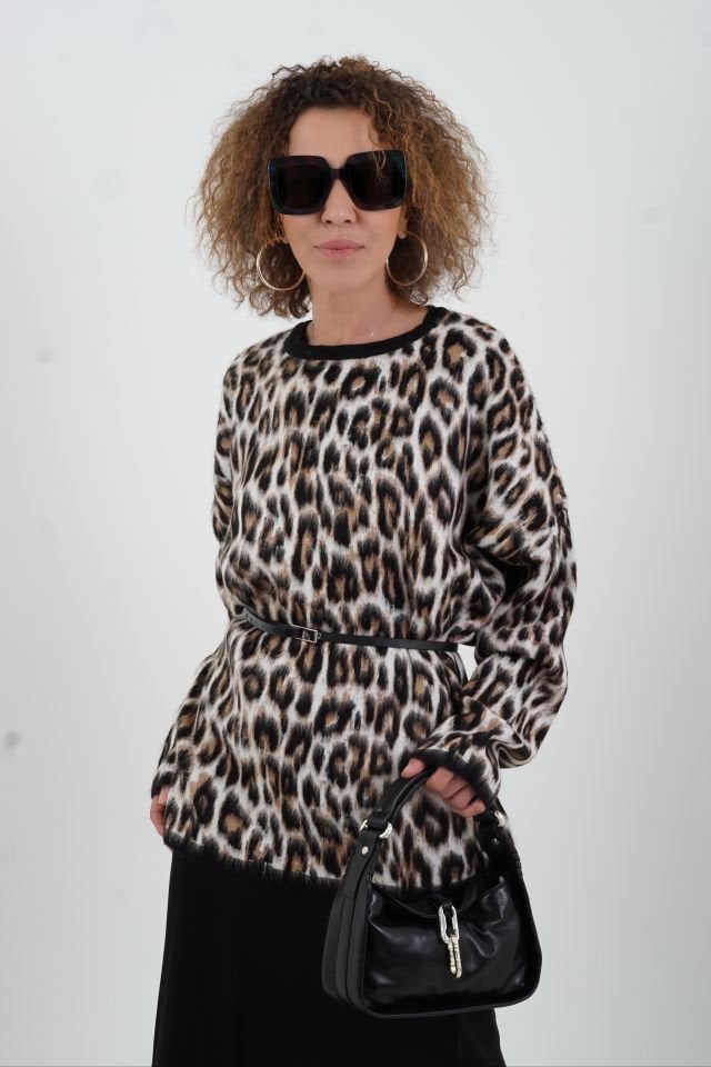 Kahve Leopar Şardonlu Bluz